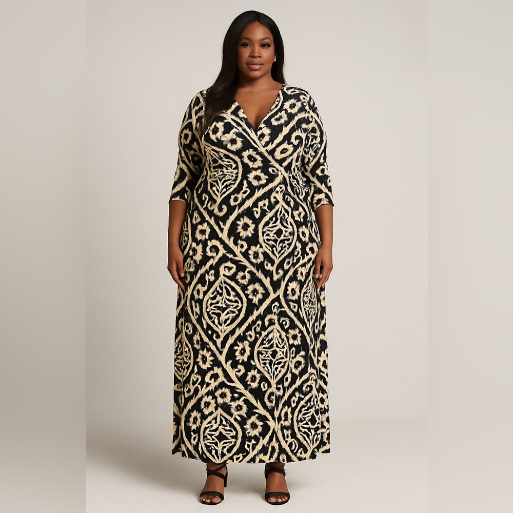 Elegant Black and Cream Patterned Dress NWT